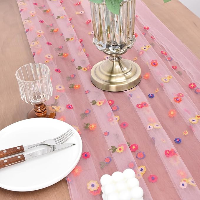 Joanlody Blushing Pink Embroidery Daisy Valentine’s Day Table Runner Florals Seasonal Easter Tulle Table Runner Holiday Kitchen Dining Table Decoration for Home Party Indoor