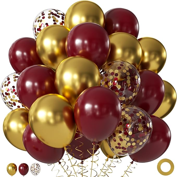 Burgundy and Gold Balloons, 60Pcs 12 Inch Maroon and Gold Balloons with Maroon Metallic Gold Confetti Balloons for Graduation Birthday Bridal Shower Party Decorations