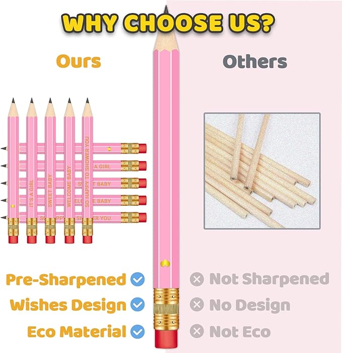 50Pcs - Baby Shower Sharpened Half Pencils with Erasers, Pre-sharpened Pencils for Baby Shower Games, 4 Inches