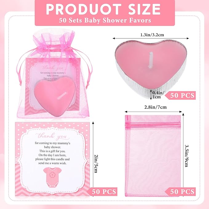 50 Sets Baby Shower Favors Candle Include 50 Pcs Heart Shaped Tealight Guests Baby Shower Candles Tealight with Thank Cards and 100 Pcs Gift Bags for Gender Reveal(Pink)