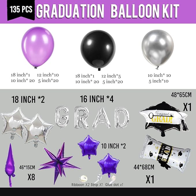 Black dark purple and Silver Balloon Garland Arch Kit 130Pcs with dark purple and Silver Stars, Graduation Certificate Graduation Cap GRAD Letters Mylar Balloons for 2025 kpop Prom Decorations