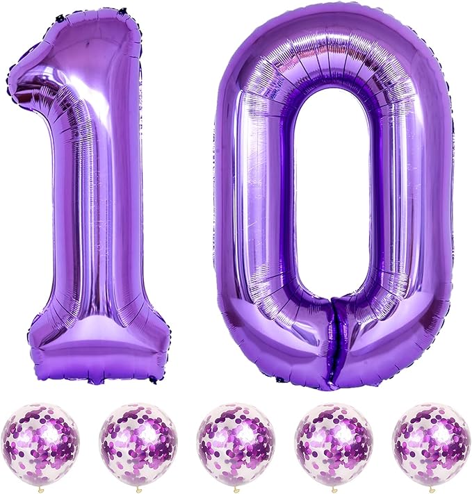 Large 10 Balloon Number Purple, 40 Inch Helium Foil Number 1 & 0 Balloons Self Inflating with Confetti Balloons for Girls Women 10th 1st Birthday Party Balloons Anniversary Decorations Supplies