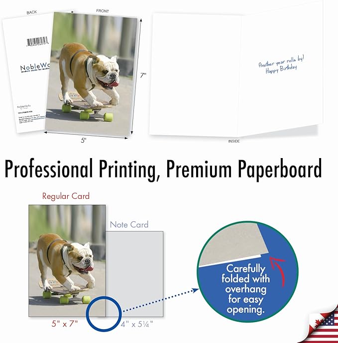 NobleWorks - Birthday Greeting Card with 5 x 7 Inch Envelope (1 Card), Fun Animal Bday Celebration - Skating Bulldogs - Green Wheels C9517EBDG