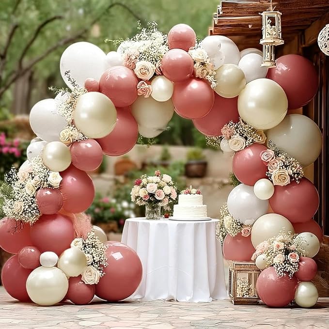 Dusty Pink Cream White Balloon Garland, Double Stuffed Rose Pink Sand White Pearl Balloon Arch Kit for Boho Bridal Shower Wedding Baby Shower Birthday Mother's Day Party Decorations