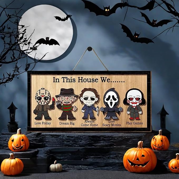 In This House We Horror Halloween, 2 Layered Frame Wood Sign, Halloween Signs, Wall Hanging Scary Decorations, Haunted Party, Spooky Movie Characters decor for Indoor Outdoor Wall Desk (HANG)
