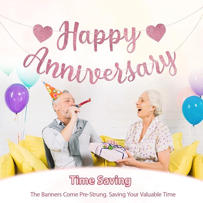 Happy Anniversary Banner, Glitter Happy Anniversary Decorations No DIY Anniversarys Decor for Wedding Anniversarys Party Decorations(Rose Gold)