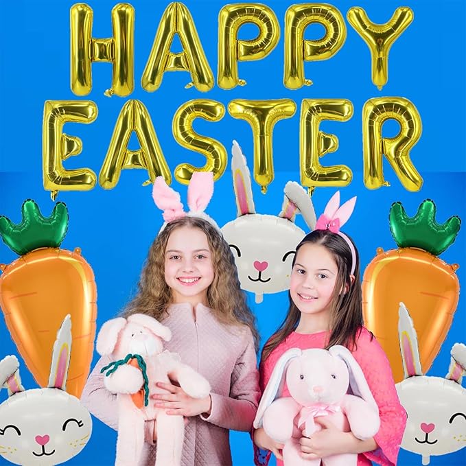 Easter Balloons Gold Happy Easter Letter Balloon Bunny Balloons Carrot Balloon for Rabbit Themed Party Birthday Party Supplies Decorations Party Balloon Sets-16 PCS