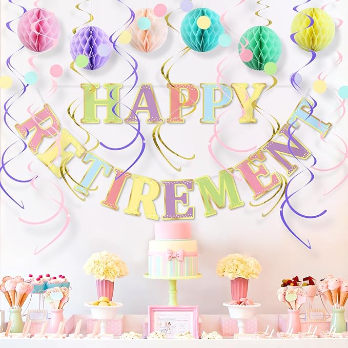 Retirement Party Decorations Kit for Women - 17-Piece Elegant Pastel Set with Pre-Strung Banner, Honeycomb Balls, Swirls & Garland | Instant Setup Party Decor | Retirement Gifts & Supplies