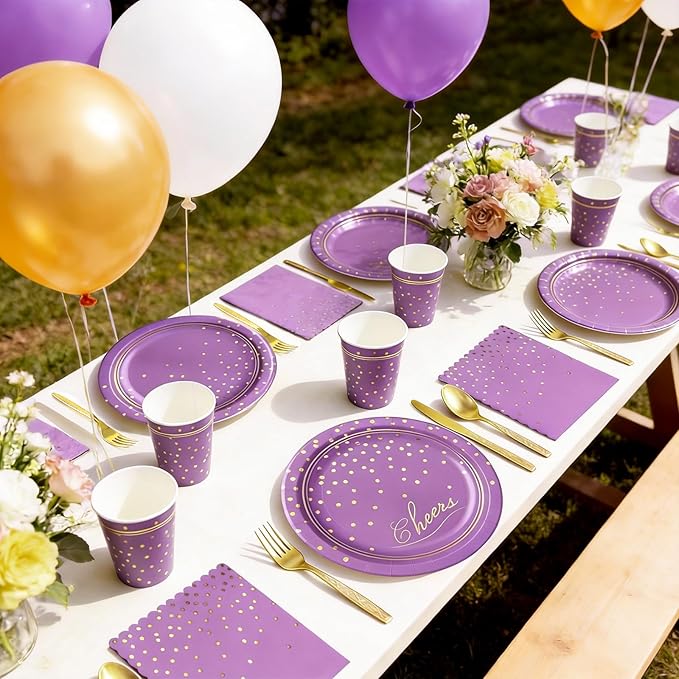 OuMuaMua Purple Gold Disposable Plates Party Supplies for 24 Guests, 168 Pcs Purple Plates, Cups and Napkins with Utensils Set for Birthday Baby Shower Graduation Lavender Party Decorations