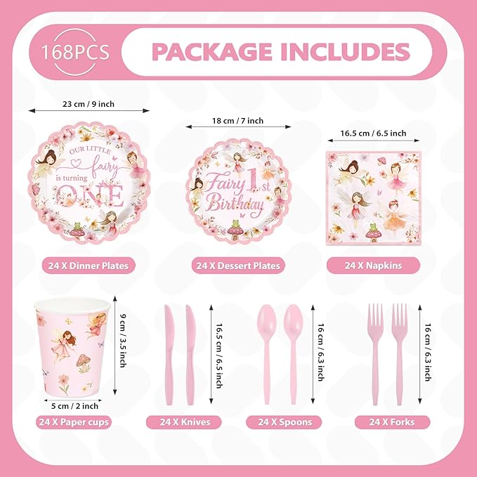 168 Pcs Fairy First Birthday Party Decorations Floral Fairy 1st Birthday Scalloped Plates Napkins Cups Forks Knives Spoons Pink Flowers Tableware Set for Girls One Year Old Party Supplies Serves 24