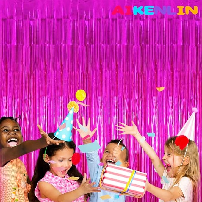 4 Pack 3.3Ft x 6.6Ft Fuchsia Foil Fringe Curtain Backdrop, Metallic Tinsel Foil Fringe Streamers Curtains Background for Photo Booth, Birthday, Wedding, Halloween, Christmas Party Decoration