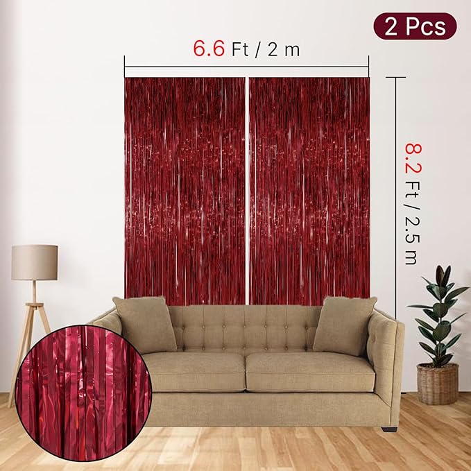 PartyWoo Red Streamers Fringe Curtain Backdrop 2pcs 8.2 ft Red Tinsel Foil Backdrop for Birthday Graduation Bachelorette Citizenship Strawberry Cherry Casino Movie Marry Me Theme Party Decorations