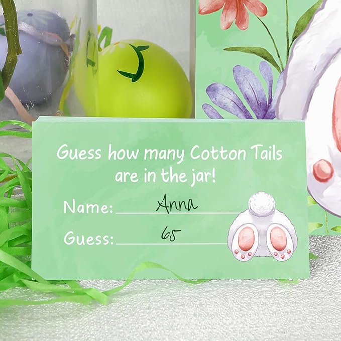COCHIE 30 Players Easter Games for Adults family Large Groups, How Many Cotton Tails Are in the Jar Easter Party Game, Spring Games Classroom Bunny Brunch Sign with Cards (Green)