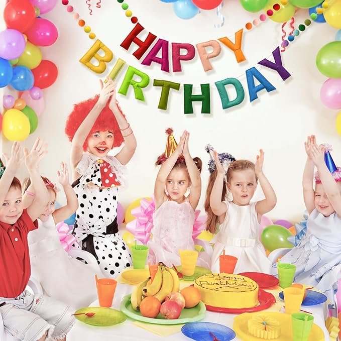 LOLStar Happy Birthday Banner Felt Ball Garland Colorful Dainty Pre-Strung Rainbow Birthday Banner Reusable Happy Birthday Sign Photo Booth Props Primary Color Birthday Party Decoration for Kids Girls