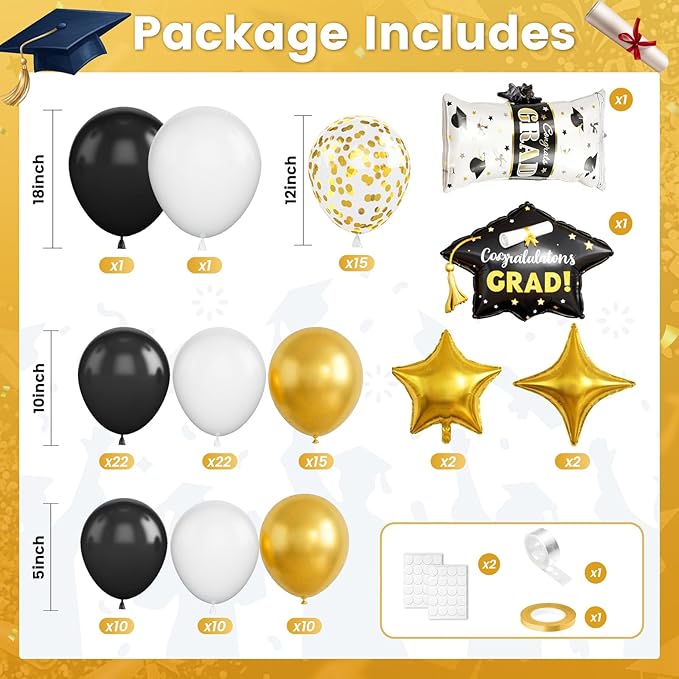 Black Gold Balloons Arch Kit, Black White Gold Balloon Arch with Grad Cap Star Graduation Certificate Foil Balloon, Golden Confetti Balloons for 2026 Graduation Decoration Birthday Anniversary Party