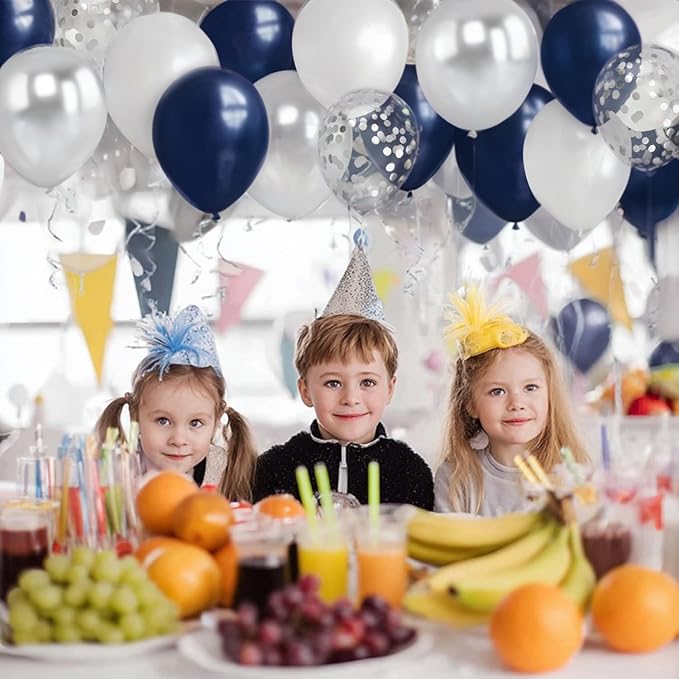 Navy Blue Silver Balloons Kit,50pcs 12inch Royal Dark Blue Metallic Silver White Balloon with Conffetti Latex Balloon for Wedding Graduation Birthday Anniversary Party Decorations