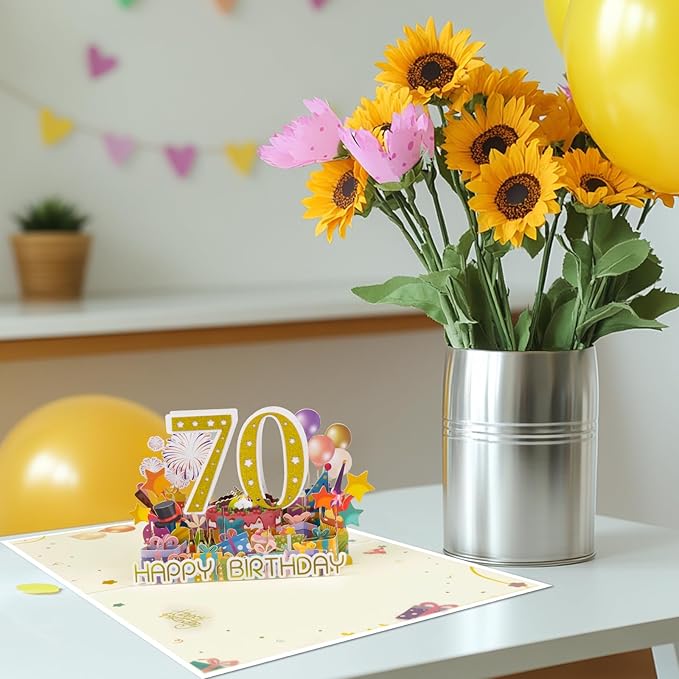 70 Years 0ld Firework Pop Up Happy Birthday Greeting Card, ideal love Gift for Adult and Kid with Blank Note & Envelope, Foldable Celebration for Daughter, Son, Mom, Dad, Friend, Children