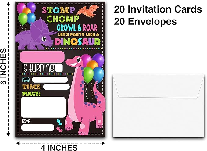 DETIHO 4" x 6" Dinosaur Theme Birthday Party Invitation Cards With Envelopes - Let's Party Like Dinosaur Chalkboard Party Invitation - 20 Sets - E27