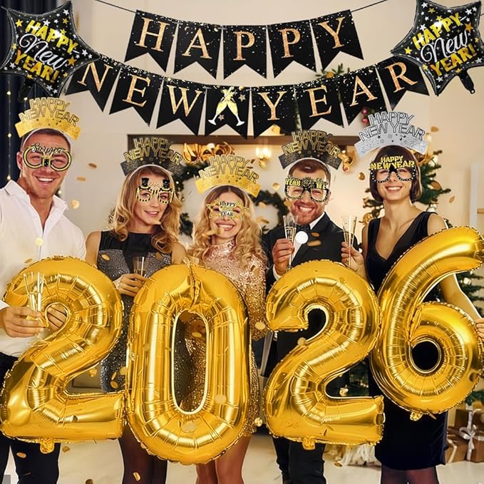 Happy New Years Decorations 2026, New Year Eve Party Supplies Kit Included Foil Curtains Banner Photo Frame Headband Glasses NYE New Year Party Glasses Foil Ballons Party Favor Decor