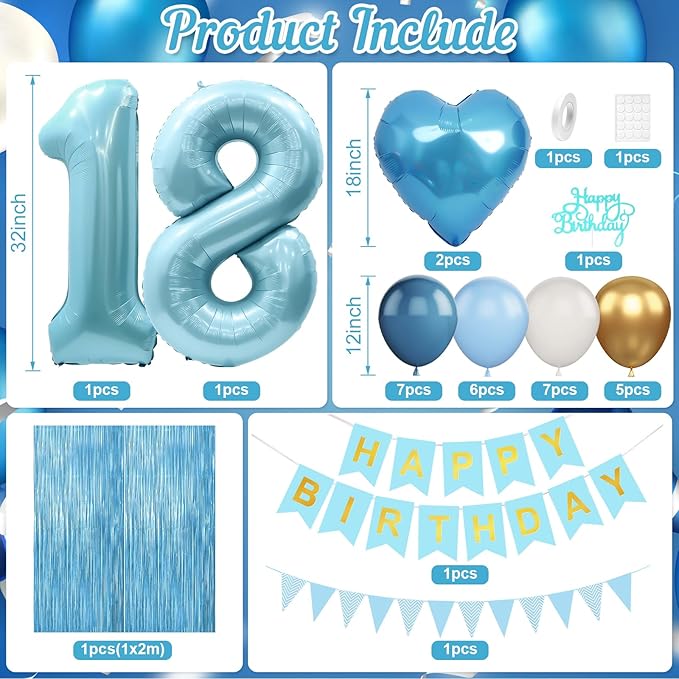 18th Birthday Decorations Blue White Gold,18th Birthday Balloons with Happy Birthday Banner Fringe Curtain Heart Foil Balloons for Boys Girls 18 Year Old Birthday Decor