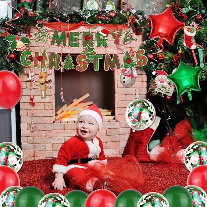 Christmas Party Decoration Supplies Christmas Balloons Merry Christmas Banner Hanging Swirls Red and Green Metallic Fringe Curtains Christmas Decor