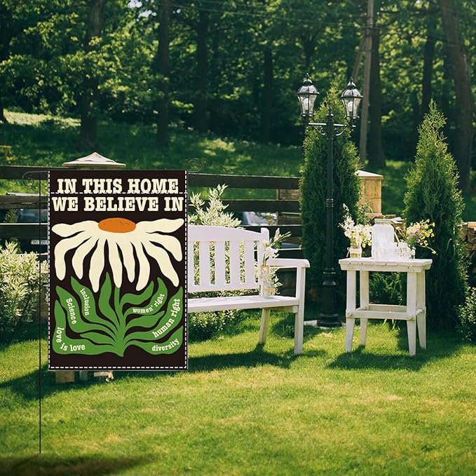 In This House We Believe Yard Flag Sign for Outside Yard DEI Supporter Resist Hate Double Sided Garden Flags 12 x18 inches
