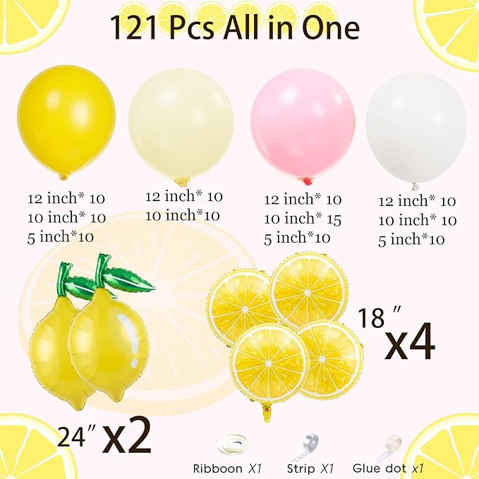 Yellow pink lemon Balloon Garland Arch kit with Sun lemon mylar Balloons for Summer birthday main squeeze Bridal Shower Sweet Baby shower Lemonade Party Decorations lemonade stand supplies