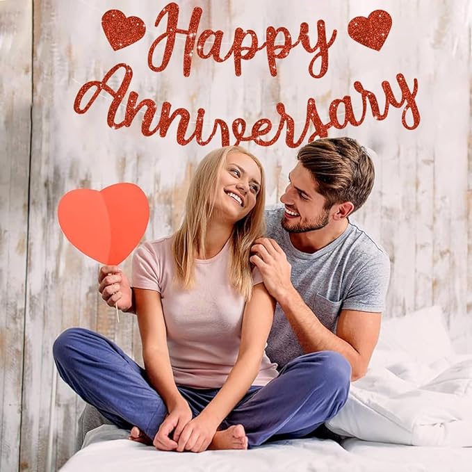 BEISHIDA Glitter Red Happy Anniversary Banner, Pre-Strung Happy Anniversary Banner,NO DIY - Happy Anniversary Garland, Happy Anniversary Sign for Anniversary Wedding Valentine's Day Party Decorations