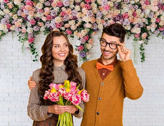 8X6FT White Brick with Flowers Backdrop Occasions Mother's Day Wedding Bridal Shower Birthday Party Banner Background Supplies DH-357