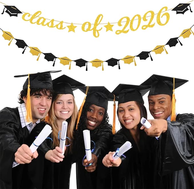 Black Gold Party-Decoration Graduation Banner - 14pcs Kits Cap Garland Streamers, Paper Tissue Pom Poms Flowers Fans Honeycomb,Class Of 2026 College High School Grad Decor Hugfond