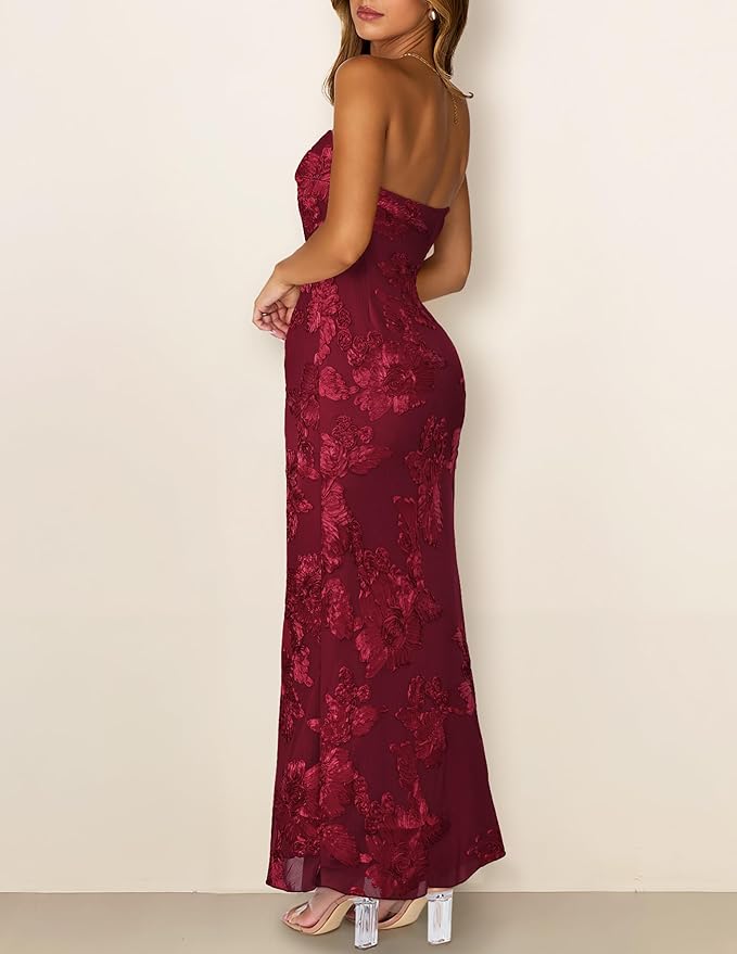 MEROKEETY Women's Floral Strapless Maxi Dress 2026 Summer Mesh Tube Bodycon Formal Wedding Guest Cocktail Party Long Dresses