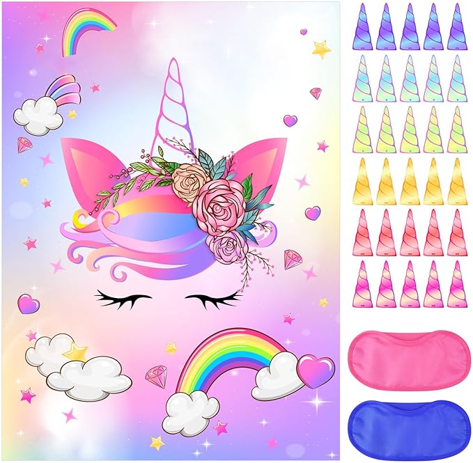 NEBURORA Pin The Horn on The Unicorn with 30 PCS Horns Birthday Party Supplies for Girls Birthday Christmas Party Game for Kids