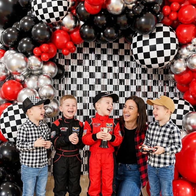 Race Car Balloon Arch Kit -Race Car Birthday Party Streamers Backdrops Decorations, Balloons and Black White Checkered Foil Fringe Curtains Backdrop for Racing Car Two Fast 2nd Theme Party Decorations