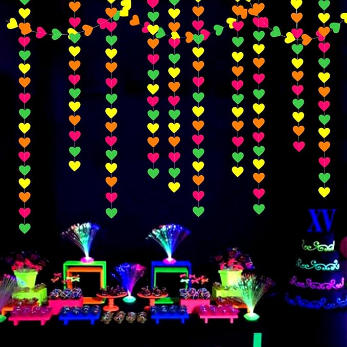 UV Neon Party Decorations Valentines-Day Heart-Garland - 52ft Glow in The Dark 80s Hanging Streamers Banner,Girl Romantic Galentines Wedding Anniversary Baby Bridal Shower Engagement Decor Panduola