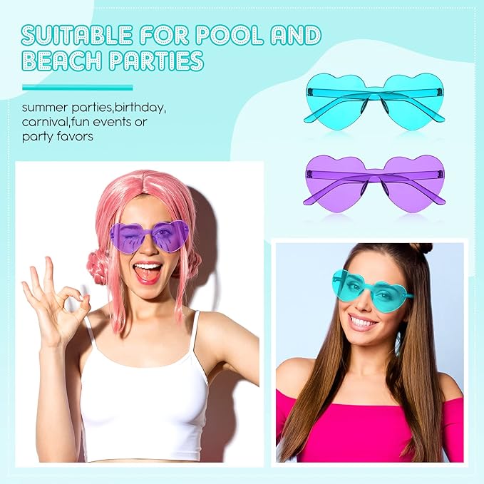 TOODOO 10 Pairs Heart Shaped Sunglasses Rainbow Sunglasses Candy Color Rimless Glasses for Women Girl Party Favor