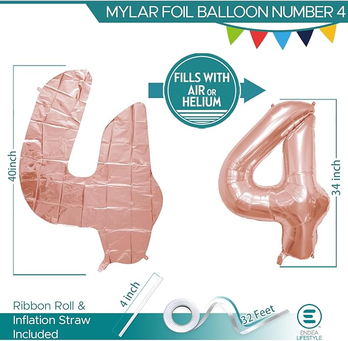 40 Inch Large Rose Gold Number Celebration and Decoration Balloon for Birthday Parties, Graduations, Anniversaries, Weddings, Photo Shoots, Special Events (Rose Gold Number 4)
