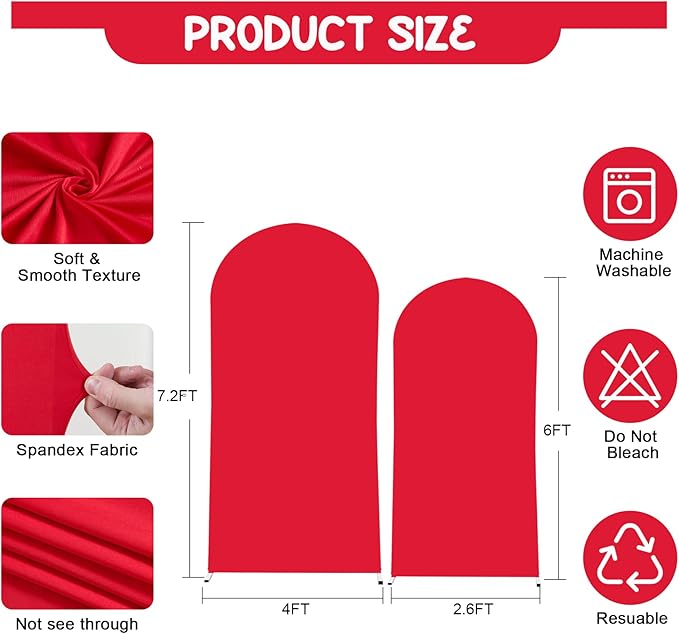 Red Arch Backdrop Covers - 6.6FT, 5FT Spandex Fitted Wedding Arch Stand Covers Round Top Chiara Stretchy Arch Backdrop Cover for Valentines Wedding Birthday Party Decoration