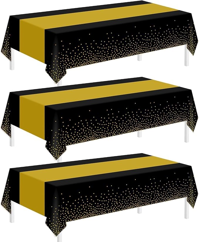 Childom 3 Pack Graduation Tablecloth,Graduation Decorations Class of 2026 Graduation Party Decorations,54"x108" Black and Gold Plastic Table Cloth Disposable for Home,School,Birthday,Wedding,Parties