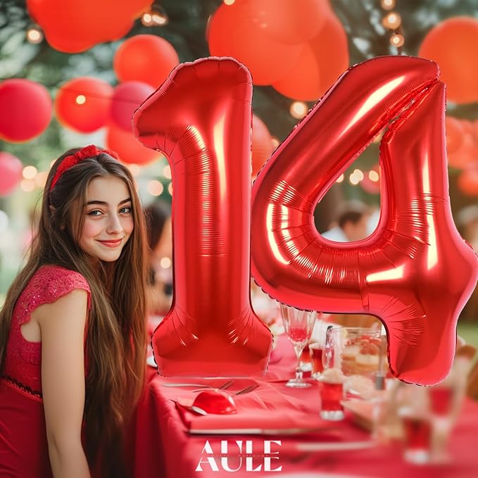 AULE 40 Inch Big Red Foil 14 Number Balloons for Women Large 14th Happy Birthday Decorations Giant Huge Helium Mylar 41 Anniversary Party Decor