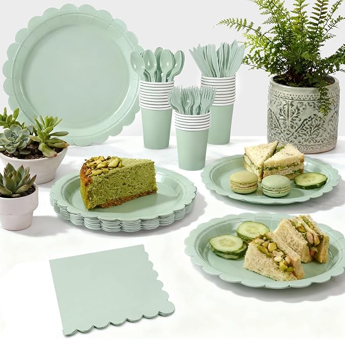 176 PCS Sage Green Party Decorations Includes Plates, Napkins, Cups, Cutlery, Tablecloth for Wedding Bridal Shower Birthday Baby Shower Party Decorations, Serves 25