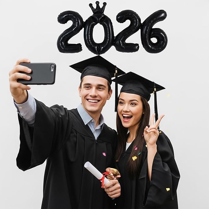 TONIFUL 2026 Black Crown Foil Number Balloons 16 Inch Black Number Banner 2026 Graduation Aluminum Foil Mylar Balloons for New Year Eve Christmas Anniversary Party Supplies
