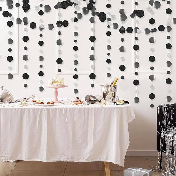 Outus 5 Pieces Black,Silver Round Dots Garland Easter Graduation Party Hanging Decor Each Length 13.1ft Glitter Paper Dot Streamers for Birthday Wedding Classroom