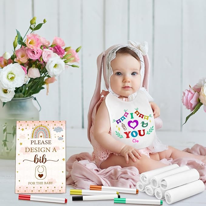 50 Pcs Baby Shower Game White Bib Kit Include 1 Wooden Baby Shower Game Sign 25 DIY Blank White Bibs 24 Colorful Markers(Boho)