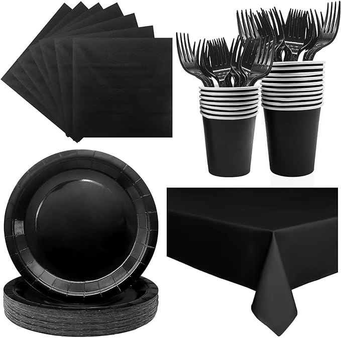 Severs 25 Guests Black Paper Plates 9 Inch,Bulk Black Paper Plates Cups Napkins and Tablecloth,Disposable Cake Plates Paper Plate Black for Birthday Wedding Party