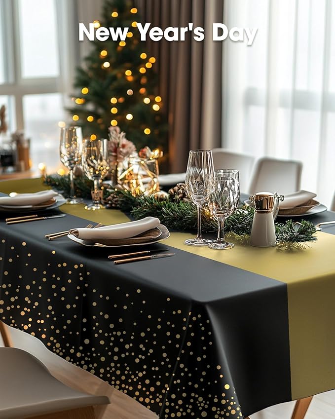 Pureegg Plastic Table Cloth Disposable 10 Pack, 54 x 108 Inch, Table Runner Style, Graduation Decorations 2026, Party Tablecloths, Rectangle, Plastic Cover, Leakproof & Sturdy, Black Gold