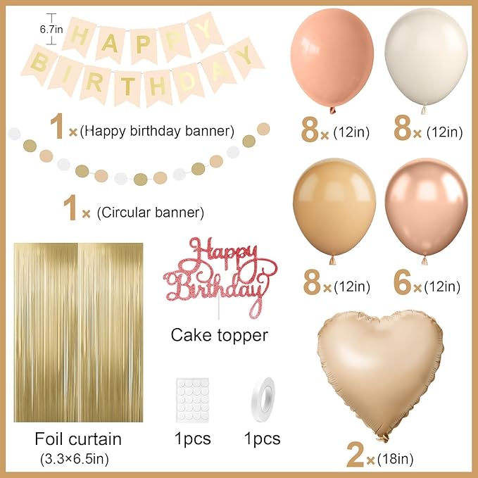 Beige Birthday Decorations,Happy Birthday Banner with Cream Nude Champagne Gold Balloon Heart Foil Balloons Fringe Curtain for Women Men Boho Baby Shower Party Decor