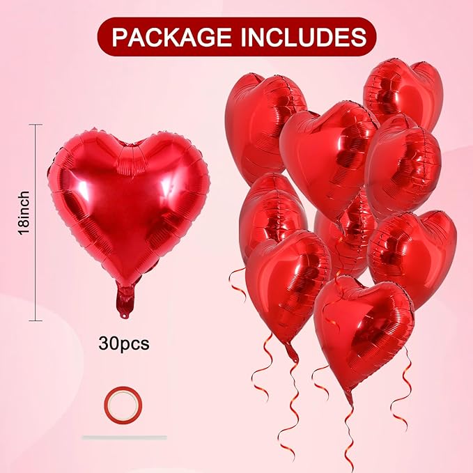 TONIFUL 30Pcs 18 Inch Red Heart Balloons Valentine’s Day Heart Shape Foil Mylar Balloons Decoration for Romantic Valentine's Day Wedding Bridal Shower Anniversary Engagement Party Supplies
