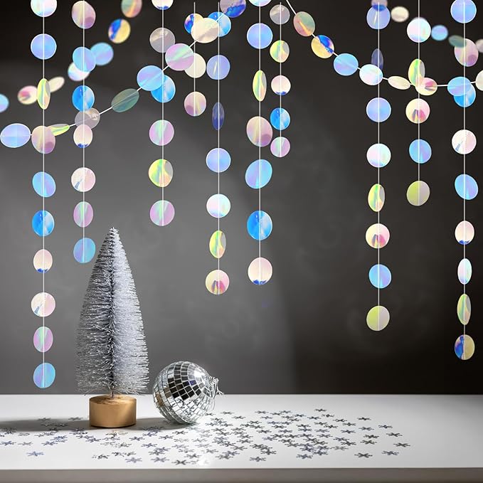 GCQQ 52Ft Iridescent Party Decorations Holographic Circle Garlands Sparkly Iridescent Hanging Streamers Garland for Mermaid Disco Bachelorette Birthday Party Decorations