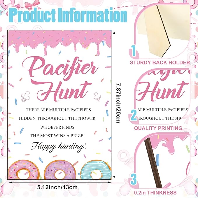 Thyle 51 Pcs Donut Baby Sprinkle Decoration Pacifier Hunt Sprinkled with Love Donut Baby Shower Games Pink Themed Hunt Sign and 50 Acrylic Pacifiers Sets for Gender Reveal Party Favors Guest Supplies