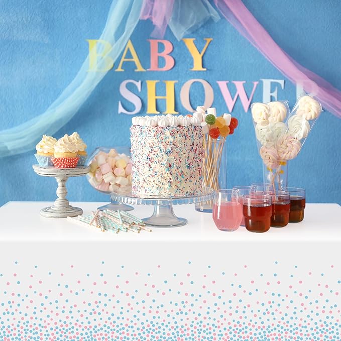 3Pack White and Pink Blue Plastic Tablecloth, White Disposable Table Cloth for Rectangle Tables, Pink Blue Stamping Dot White Tablecloth for Gender Reveal Baby Shower Birthday Party Supplies, 54"x108"